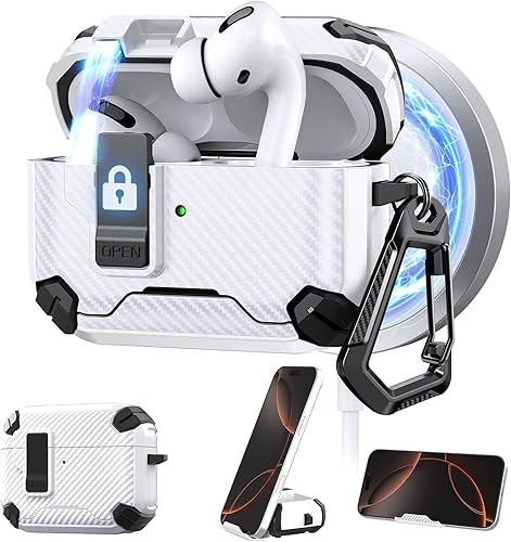 Maxjoy Funda para AirPods Pro 3 2025 con bloqueo automático MagSafe, compatible con Apple AirPod Pro de 3 generación (blanco de fibra de carbono,