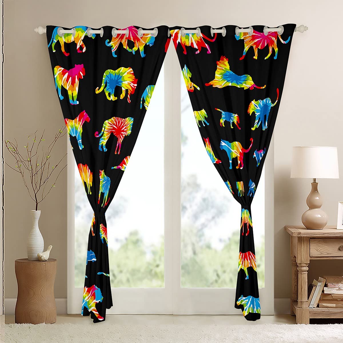 Zasłony zaciemniające ze zwierzętami farbowane tie-dye (30%-50%) boho, panterka, tygrys, lew, barwiona zasłona, do sypialni, dla dzieci, hipisowskie, kolorowe, zaciemniające, okna dreapy, zabiegi okienne, szer. 52 x dł. 90