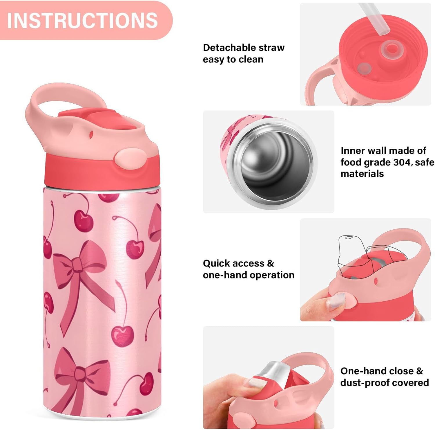 Bow Cherry Pink Kids Insulated Water Bottle, Toddlers Tumbler Travel Cup with Straw & Handle Stainless Steel Cup for Travel School Girls 12 oz - Image 3