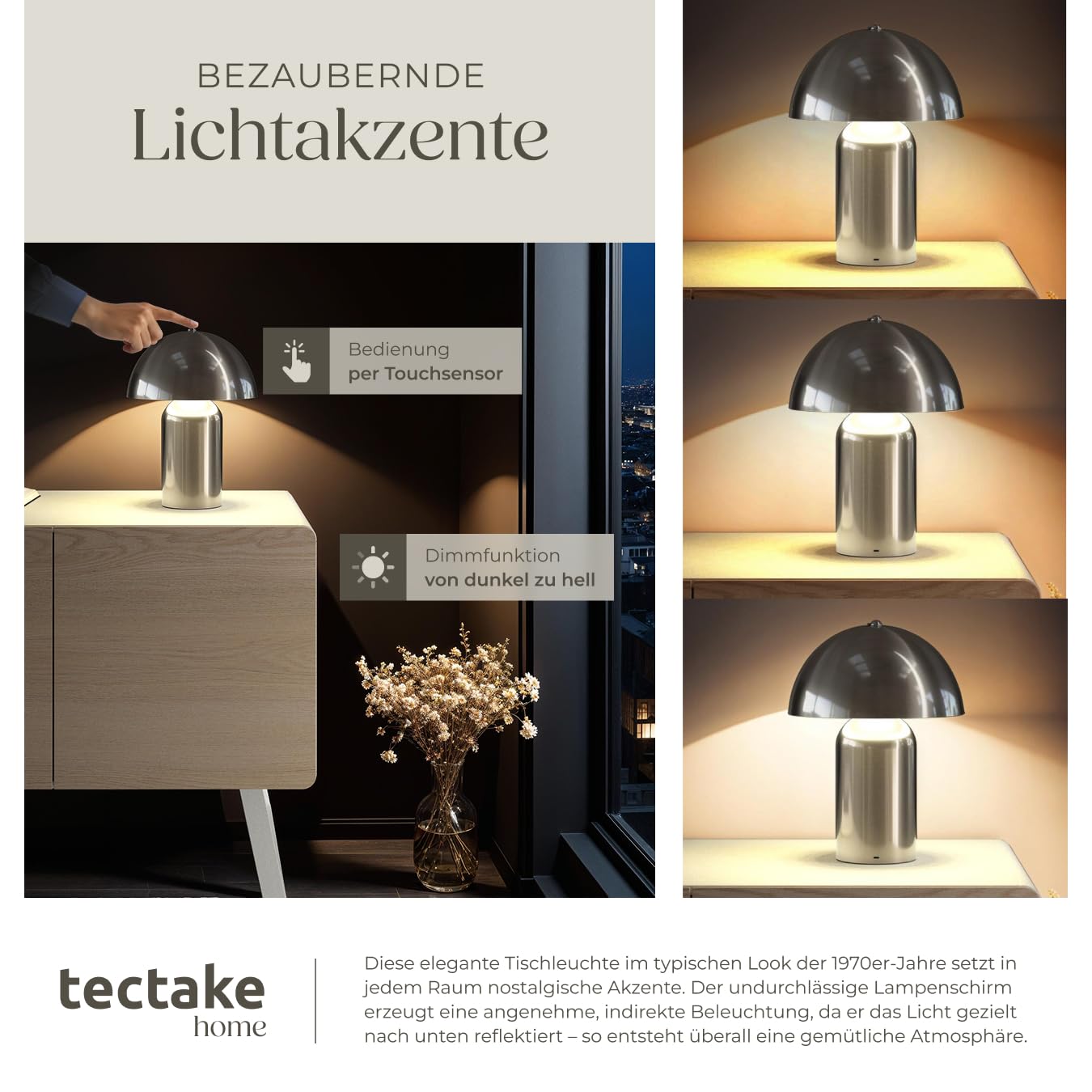 tectake® Tischlampe Vintage Pilzform, Pilzlampe Dekolampe, Tischleuchte, Leselampe, Nachtlicht, Lampe Wohnzimmer, Table Lamp, kleine Lampe, Tischlampe retro, kabellos- Nickel matt