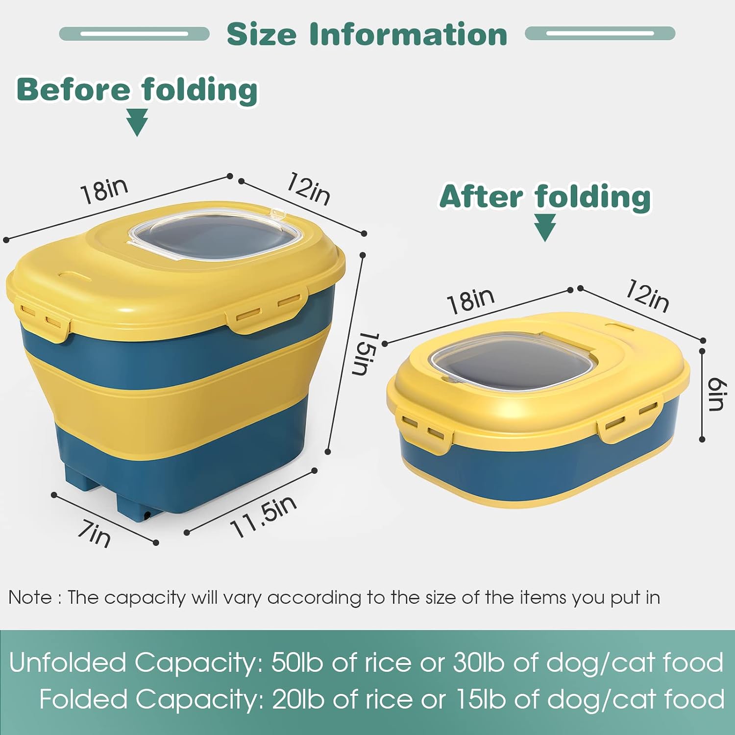 Collapsible Dog Food Storage Container 30 LB Capacity Airtight with Folding Bowl Measuring Cup Scoop & Wheels