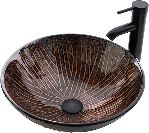 Miniatura 12 de Lavabo de Recipiente para Baño de 16.5" Lavabos de Recipiente de Vidrio Templado Marrón Lavabo de Arte Cuenco Redondo con Combo de Grifo Marrón