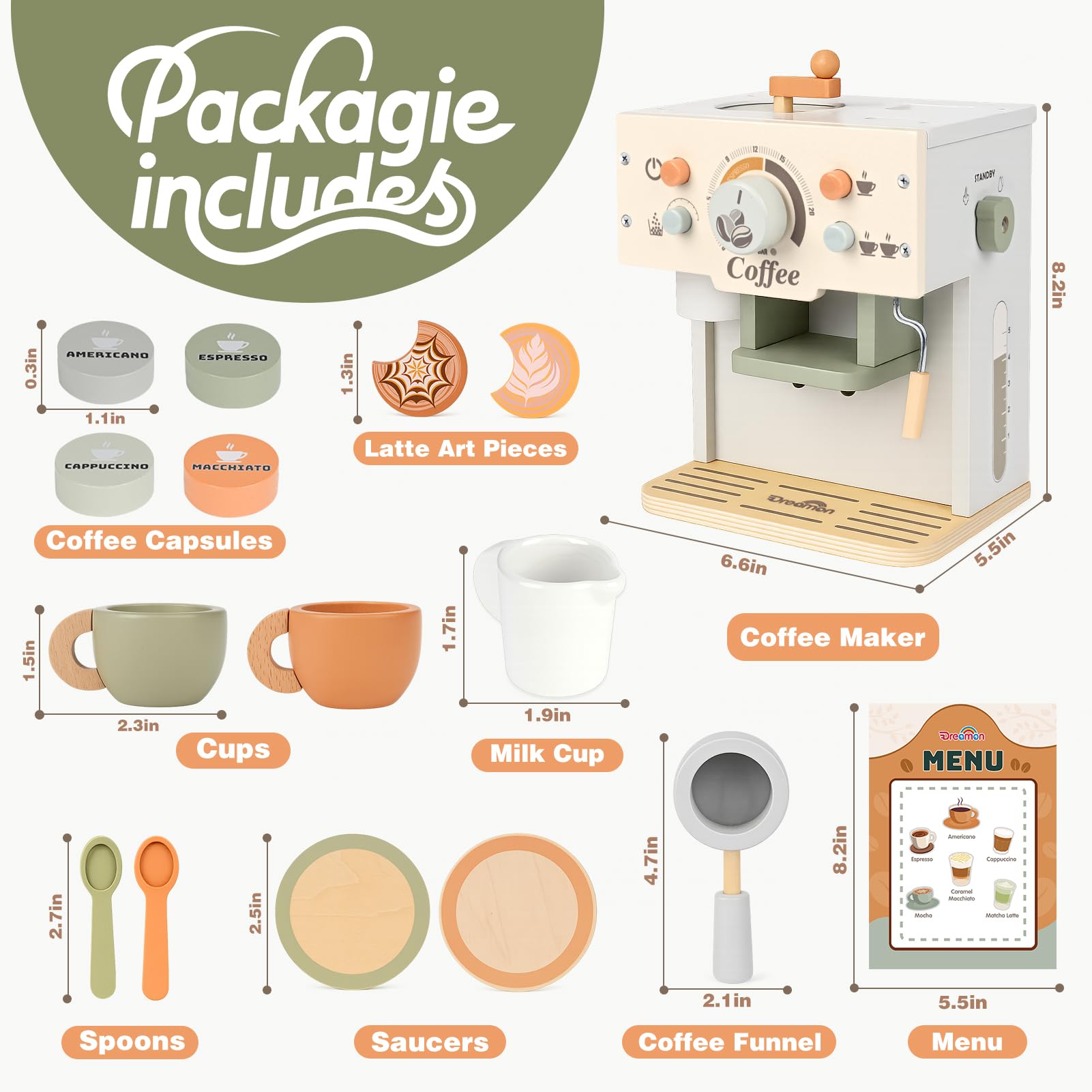 Dreamon Kaffeemaschine Kinder Holz, Kinderküche Zubehör 15 Teile, Montessori Spielzeug, Küchengeräte Kaffeeset Kinder Spielzeug, Küchen Spielzeug Geschenke Jungen und Mädchen ab 3 4 5 Jahre