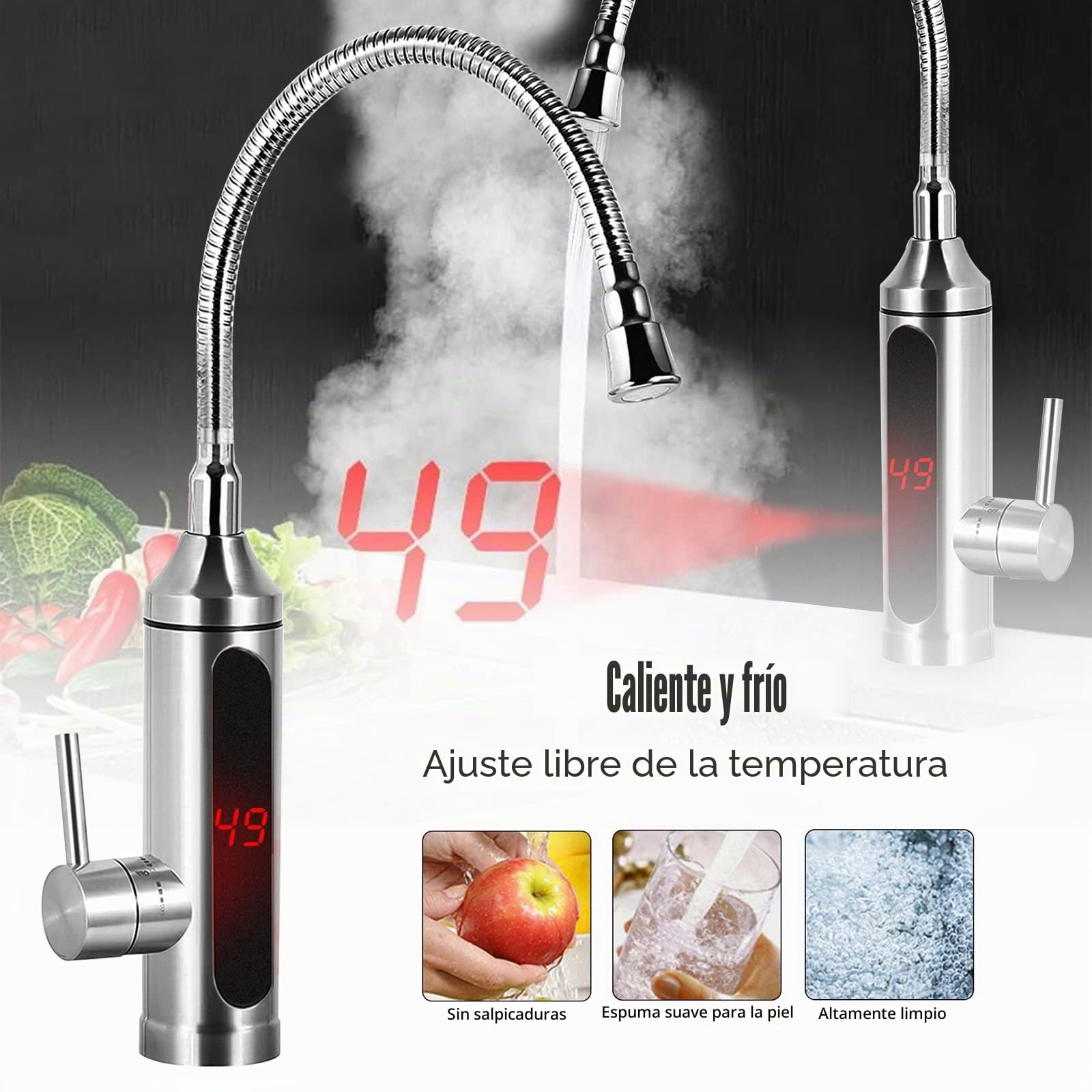 Eléctrico Instantaneo Grifo Agua Calentador, Grifo Eléctrico Agua Caliente, 220V 3300W Grifo Fregadero de Cocina, Calentador de Agua Electrico Con Grifo Lavabo 360° Flexible Rotación