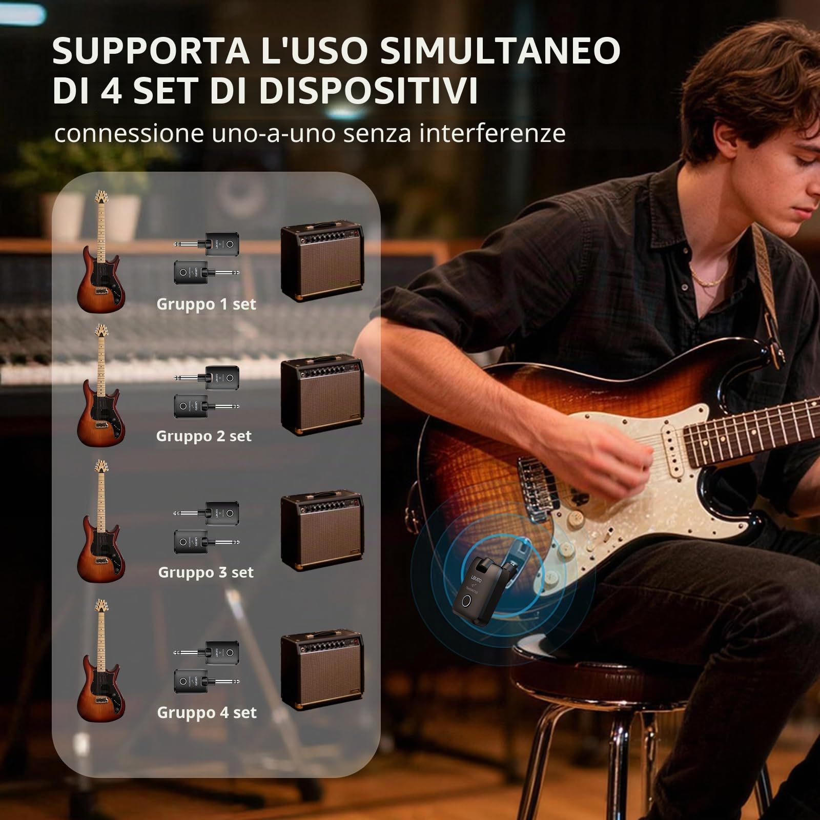 LEKATO Sistema per chitarra wireless con custodia di ricarica, ricevitore trasmettitore per chitarra con autonomia di 18 ore, jack per chitarra ricaricabile senza fili con custodia portatile per
