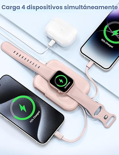 Vista 4 de RORRY Cargador portátil, batería externa portátil de 5000 mAh con cables integrados, paquete de batería en llavero de viaje para Apple Watch