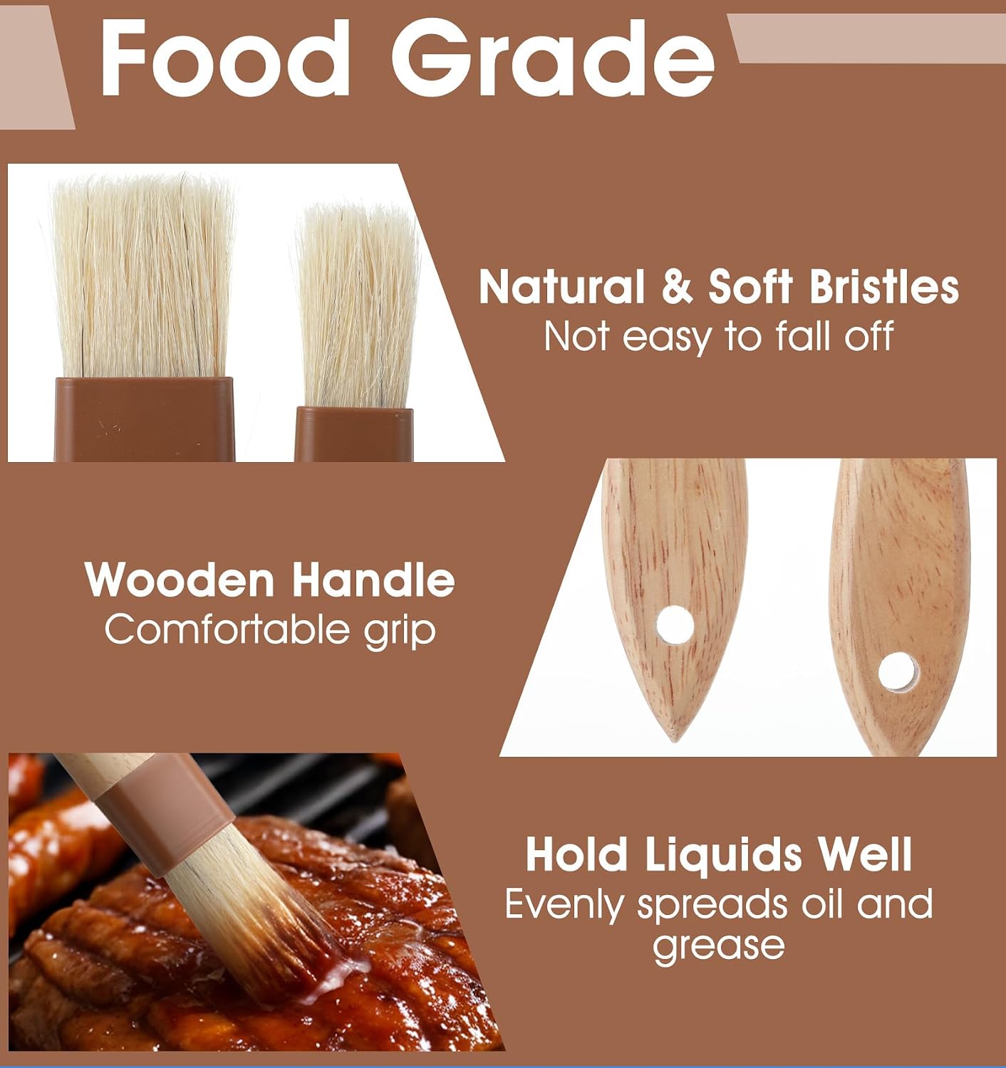 4 Pcs Natural Bristle Basting Brush, Pastry Brushes Cooking Brush, Heat Resistant, Kitchen Brushes for Oil, BBQ Grill, Butter Sauce, Baking
