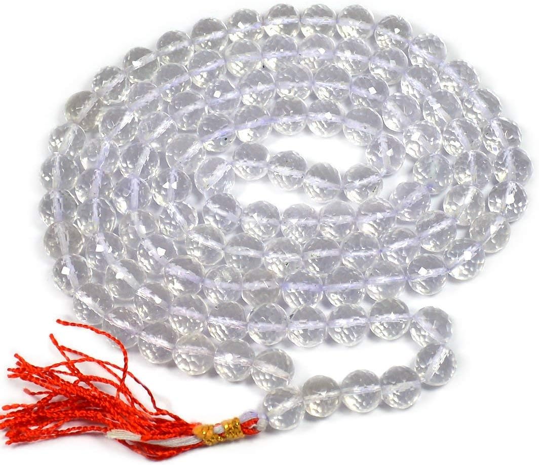 CrystuNatural Sphatik Clear Quartz Mala 8 mm Faceted 108 Beads Original Crystal Stone Jaap Mala for Reiki Healing and Crystal Healing Stones