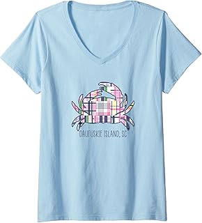 Womens Daufuskie Island South Carolina Vacation Madras Plaid Crab V-Neck T-Shirt