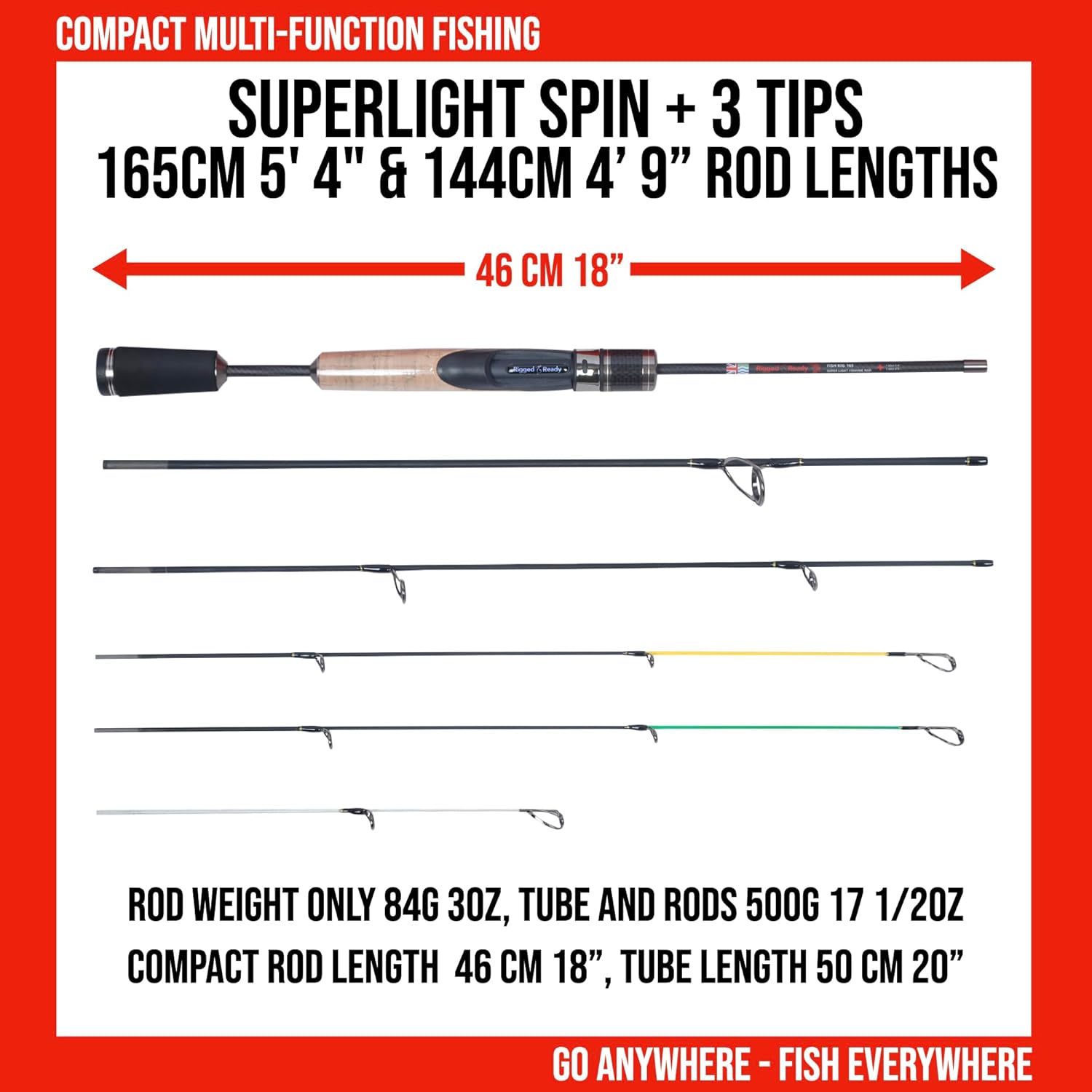 Rigged and Ready Fish Rig Super-Light Compact Travel Rods. 1 Spinning Multi-Section,2 Telescopic Rods,1 Combination, 3 Tips + Case. Bass, Trout, Carp, Fresh & Saltwater Fishing