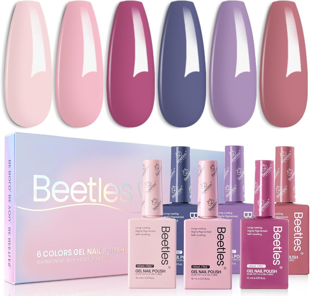 Beetles Fall Gel Polish Set, 6 Colors 15ml Full Size Hema-Free Gel | Baby Pink Purple Nude Pink Colors Serene Afternoon Gel Polish Kit Soak Off Uv LED DIY Home Manicure Salon