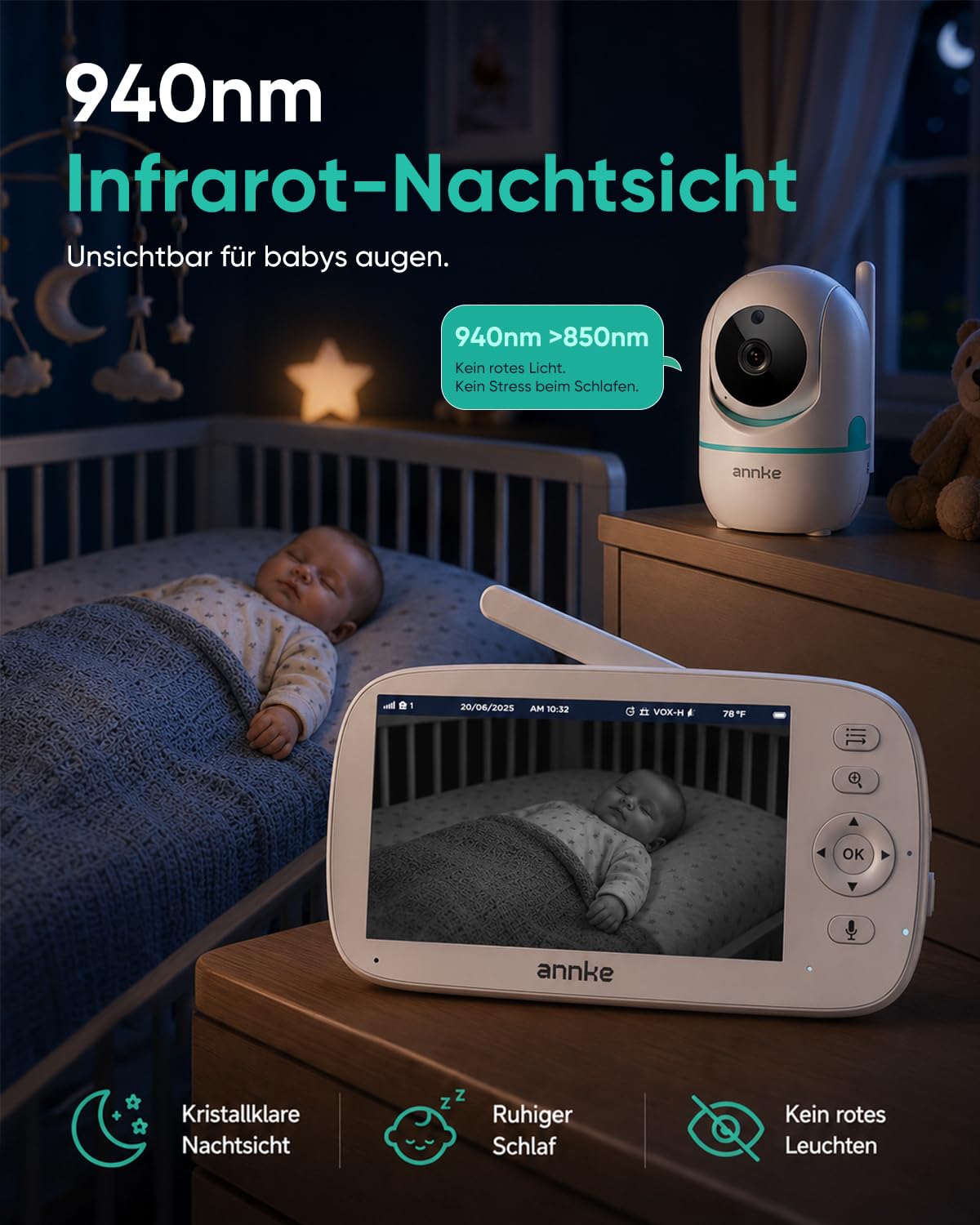CV50 Babyphone mit Kamera ohne WLAN, App oder Cloud, 5 Zoll HD Display, 360° PTZ Kamera, 5000mAh Akku, 940nm Nachtsicht, Zwei-Wege-Audio, VOX Modus, Sichere FHSS Verbindung