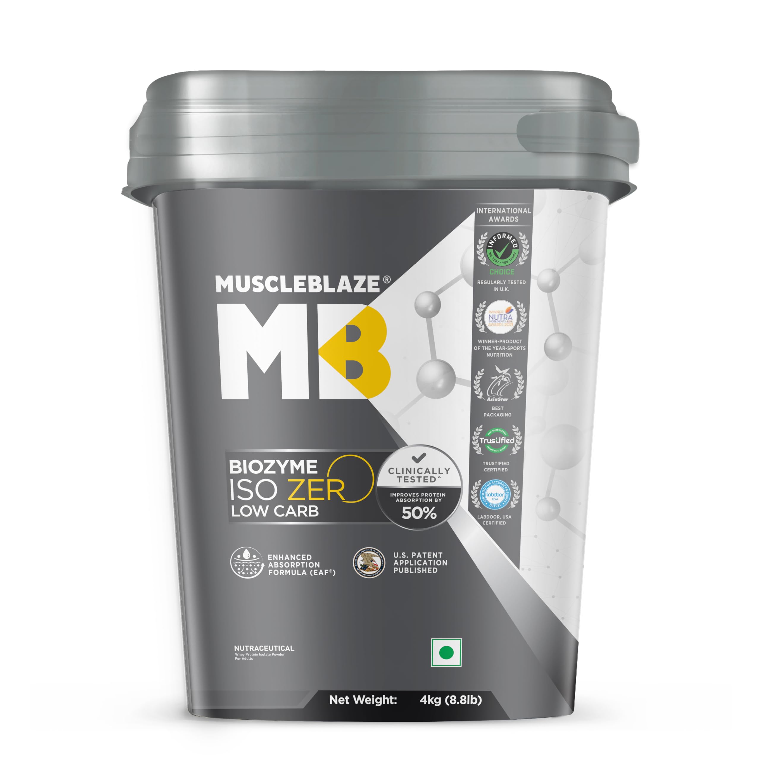 MuscleBlaze Biozyme Iso-Zero, Low Carb Whey Protein Isolate Powder, 27g Isolate Whey Per Scoop (Ice Cream Chocolate, 4kg / 8.8lbs) | USA Patent-Published Enhanced Absorption Formula (EAF)