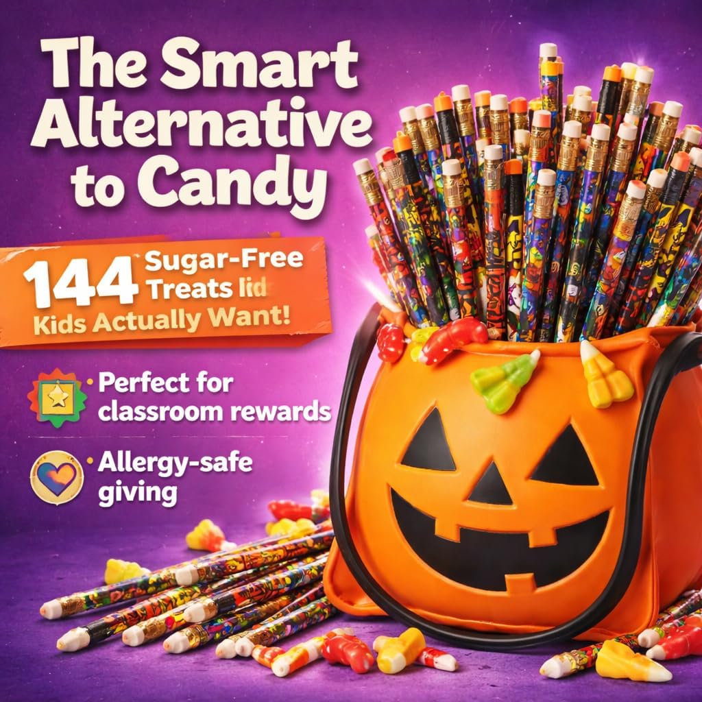 Anderson's Halloween Pencil Tub, #2 Pencils with Assorted Designs for Classroom Rewards, School Stores, Party Favors, Fall Events, Teacher Incentives, and Student Giveaways, 144 Pack