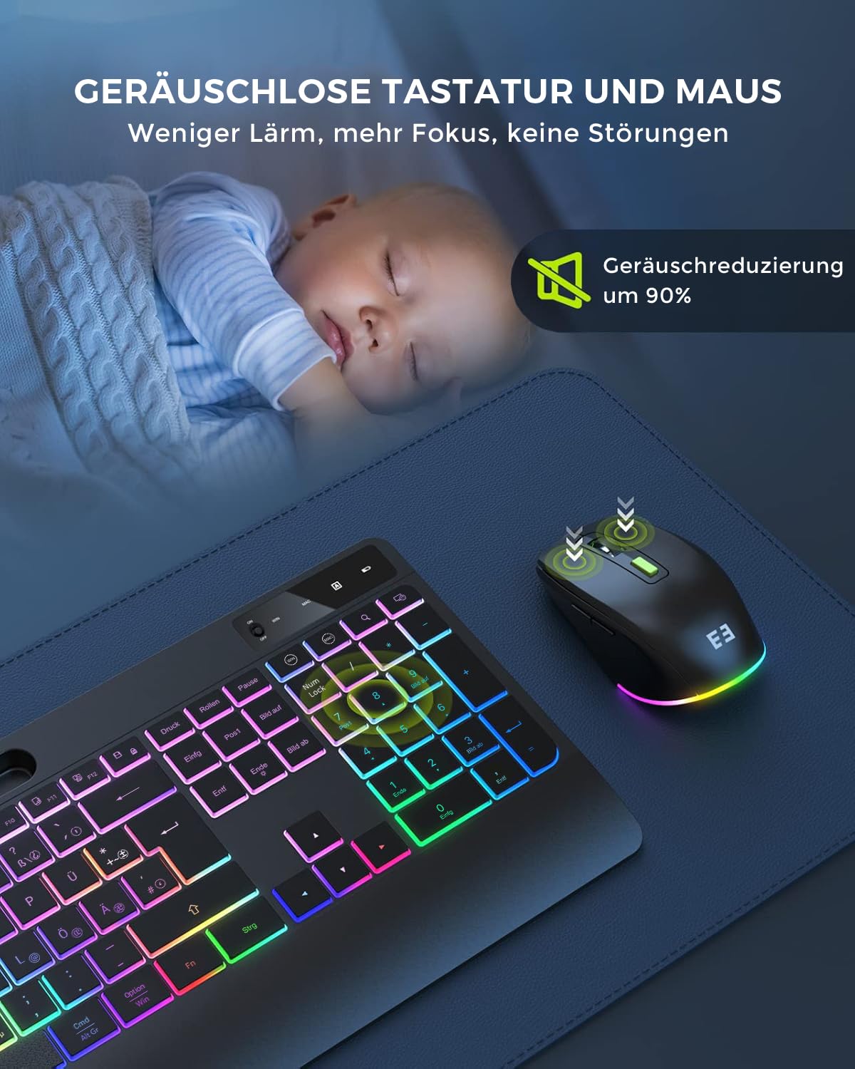 Seenda JPX006 kabelloses Tastatur Maus Set beleuchtet ergonomisch mit Handyhalter Handballenauflage leise Tasten QWERTZ