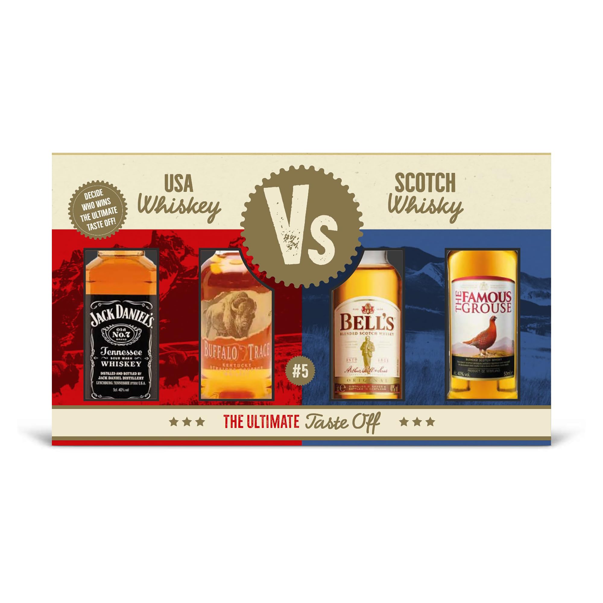 Ultimate Taste Off Whisky Tasting Set 4 x 5cl - Buffalo Trace Bourbon, Jack Daniel’s Old No.7, Famous Grouse & Bell’s - Premium Packaging by Blue Tree Gifts