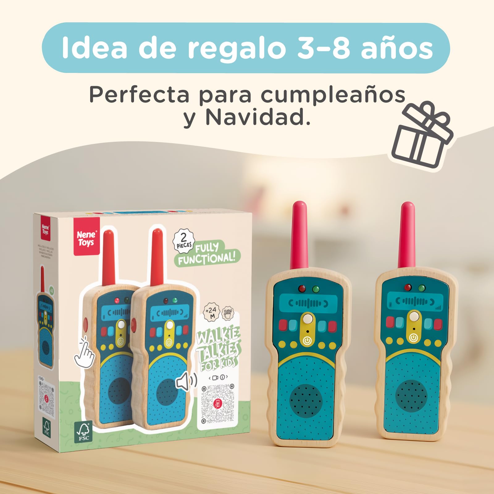 Nene Toys Walkie Talkies de Madera para Niños – Radios Reales de 2 Vías, Alcance 500 m – Push-to-Talk, Canal Único – Haya FSC®, Seguro y Duradero – Juego Interior/Exterior – Idea Regalo 2–8 Años