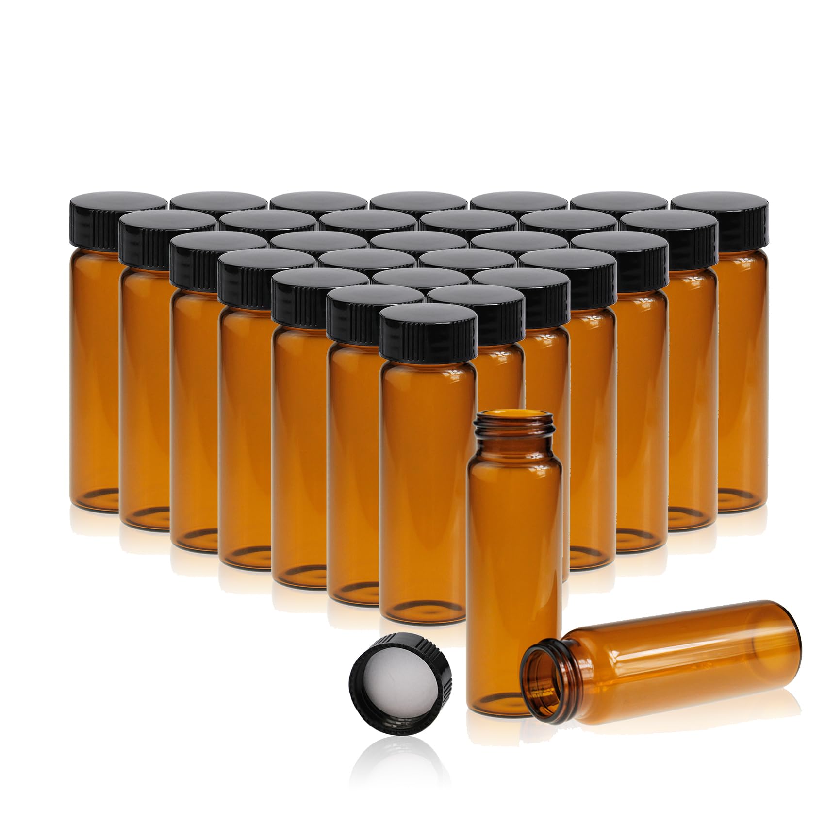 PEKYBIO 20 PCS 40ML Amber Small Liquid Sample Glass Vials with Screw Caps, 27.5mmx 95mm Leak-Proof Vial, 24-400 Black Screw Cap with PE Liners for Lab