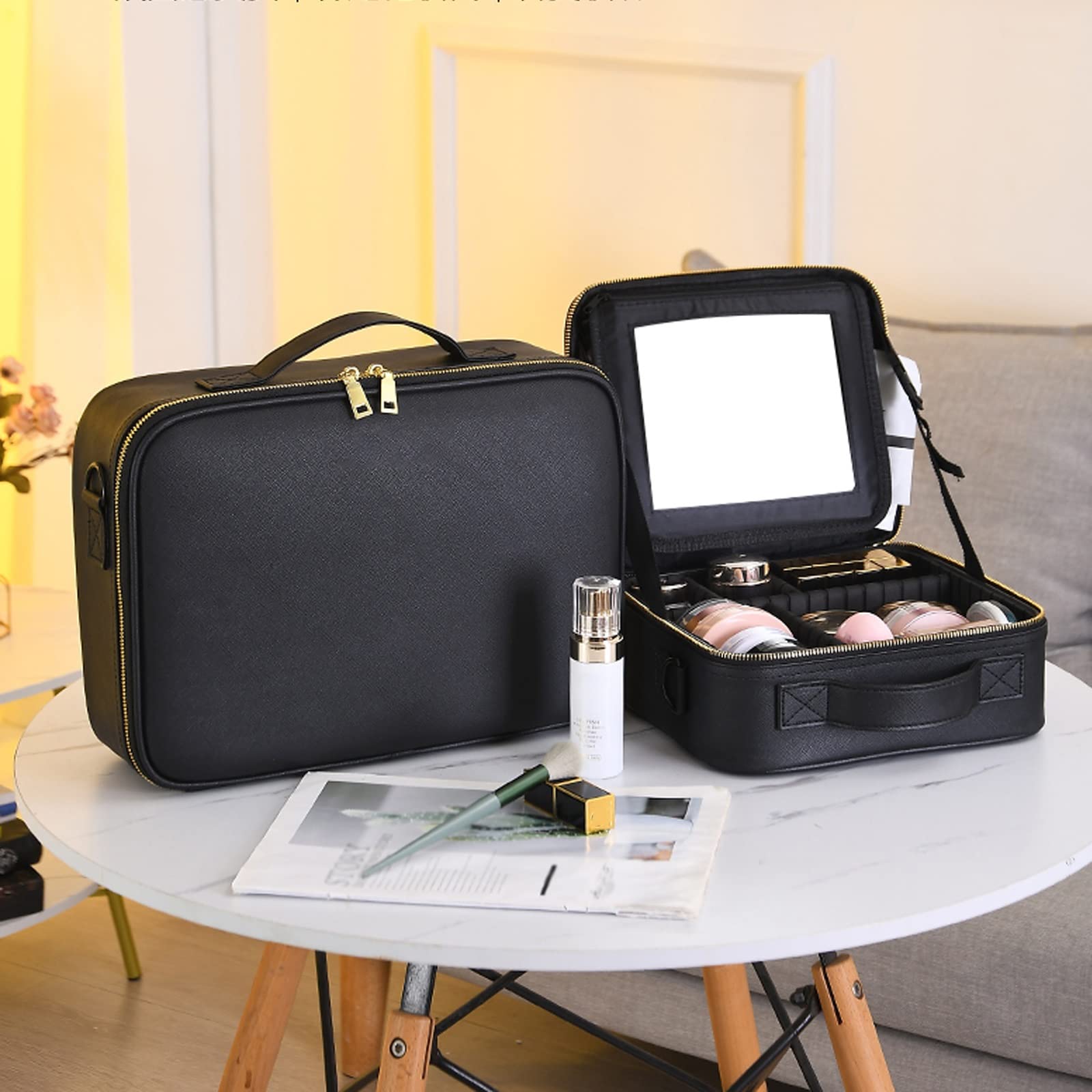 Kosmetiktasche Portable Reise Make Up Tasche,Kosmetiktasche Mit Spiegel, Mit Verstellbaren Trennwänden PU-Leder, Kosmetik Aufbewahrung Für Make Up, Kosmetiktasche Für Make Up Set, Schwarz ( Color : No