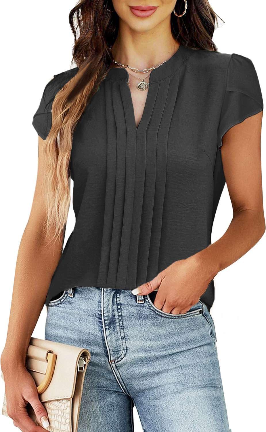Teesho Blusa de manga corta para mujer, elegante, cuello en V, plisado, parte delantera, trabajo, verano, camisas, túnica