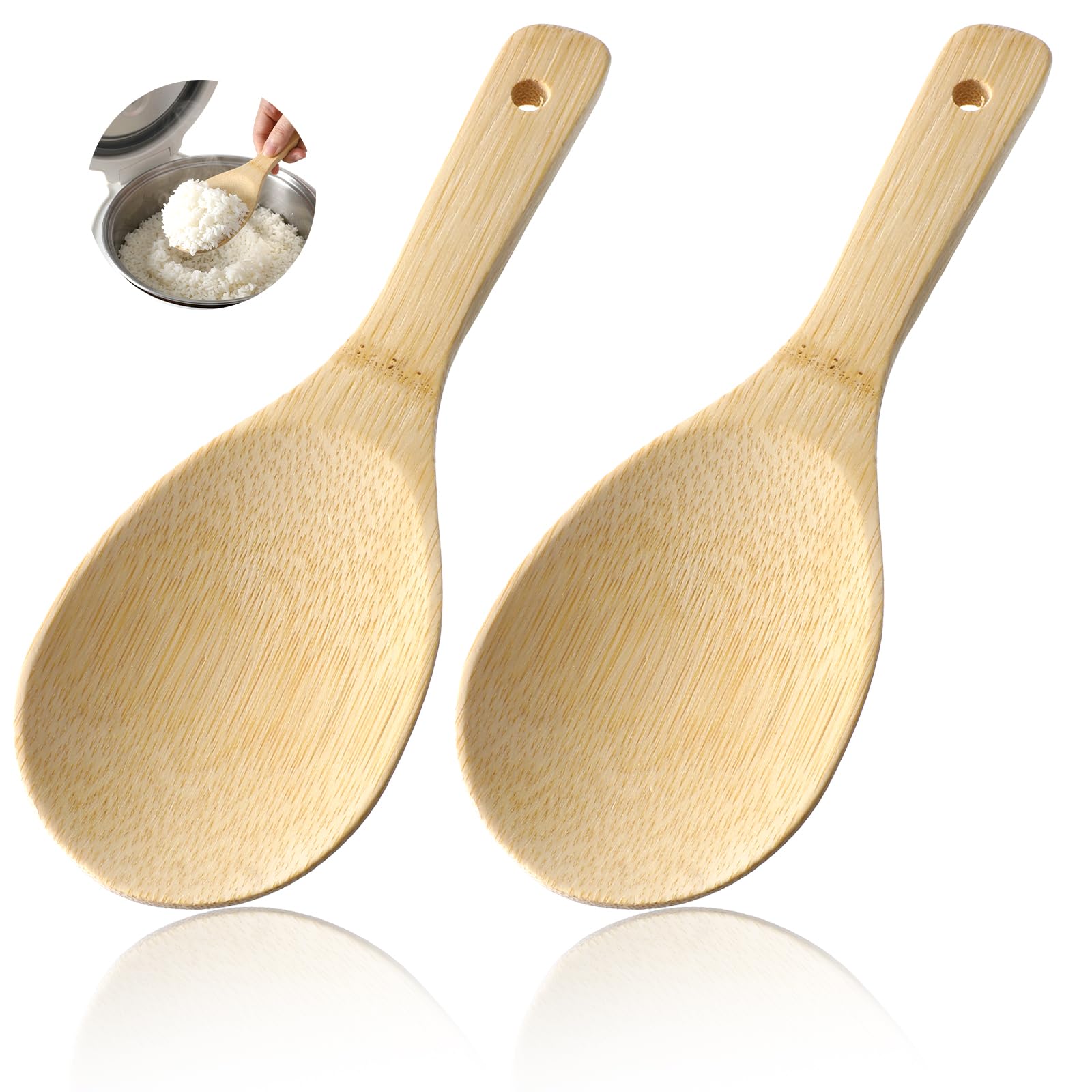 RAHHLIZS 2PCS Bamboo Rice Paddle, Non-Stick Rice Spoon & Rice Spatula, Natural Bamboo Spoons for Cooking, Lightweight Heat Resistant Safe for Kitchen Restaurant Grains, 8 Inch