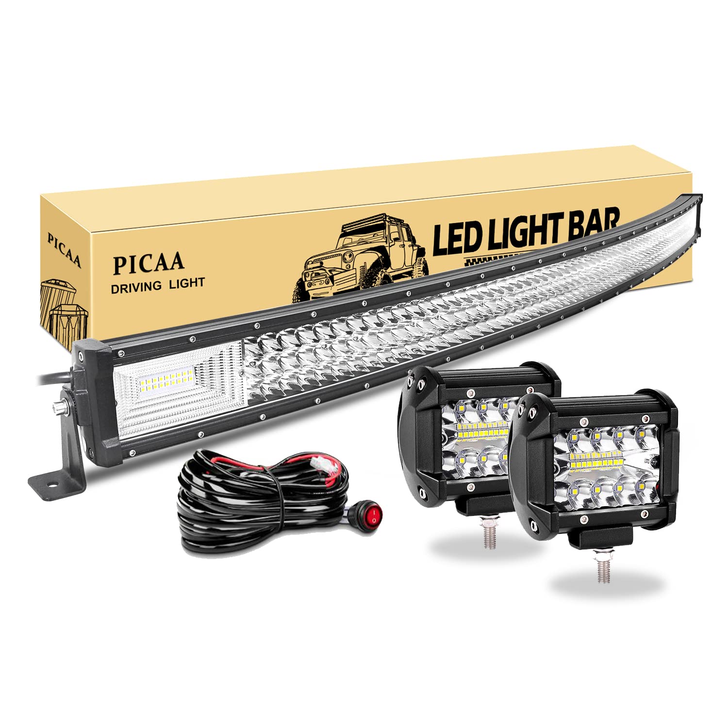 PICAA LED-Arbeitslichtleiste, 7D, gebogen, dreireihig, 132,1 cm, 675 W, Spot-Flutlicht, Kombi-Strahl-Lampe mit 2 x 10,2 cm 60 W LED-Pods, Fahrbootlichter für Auto, LKW, Offroad-Fahrlicht, SUV, UTE, 4