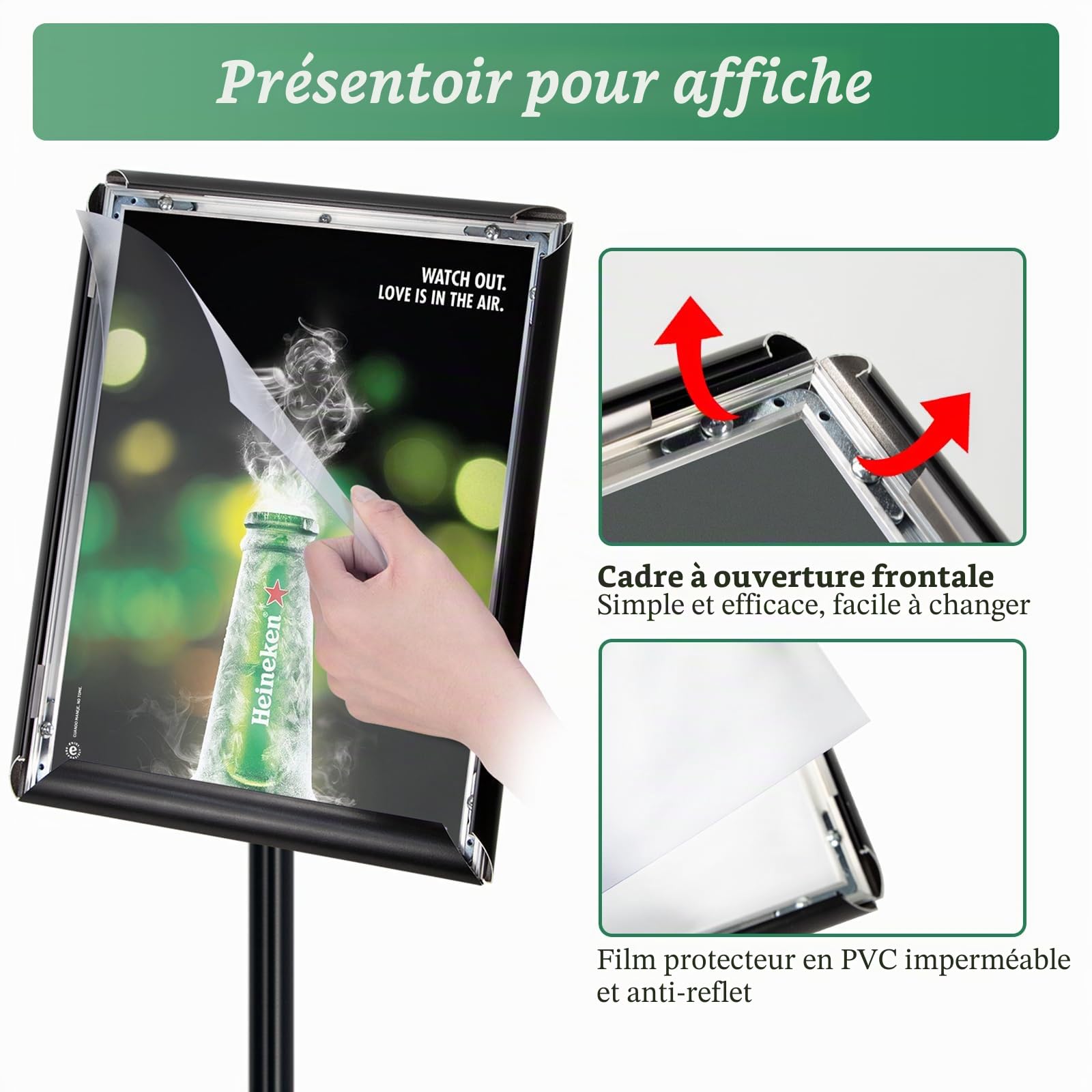 Porte affiche A4 Présentoir sur pied, Support pour affiche, Présentoir publicitaire remplaçable, Support de signe en alliage d'aluminium. (Noir)