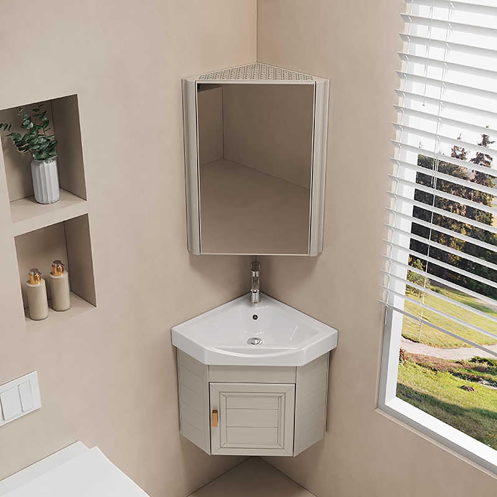 DFGHNBVC Wall Mounted Bathroom Vanity With Mirror Cabinet And Ceramic Sink, Space-Saving Corner Sink Combo For Modern Bathrooms,43Cm