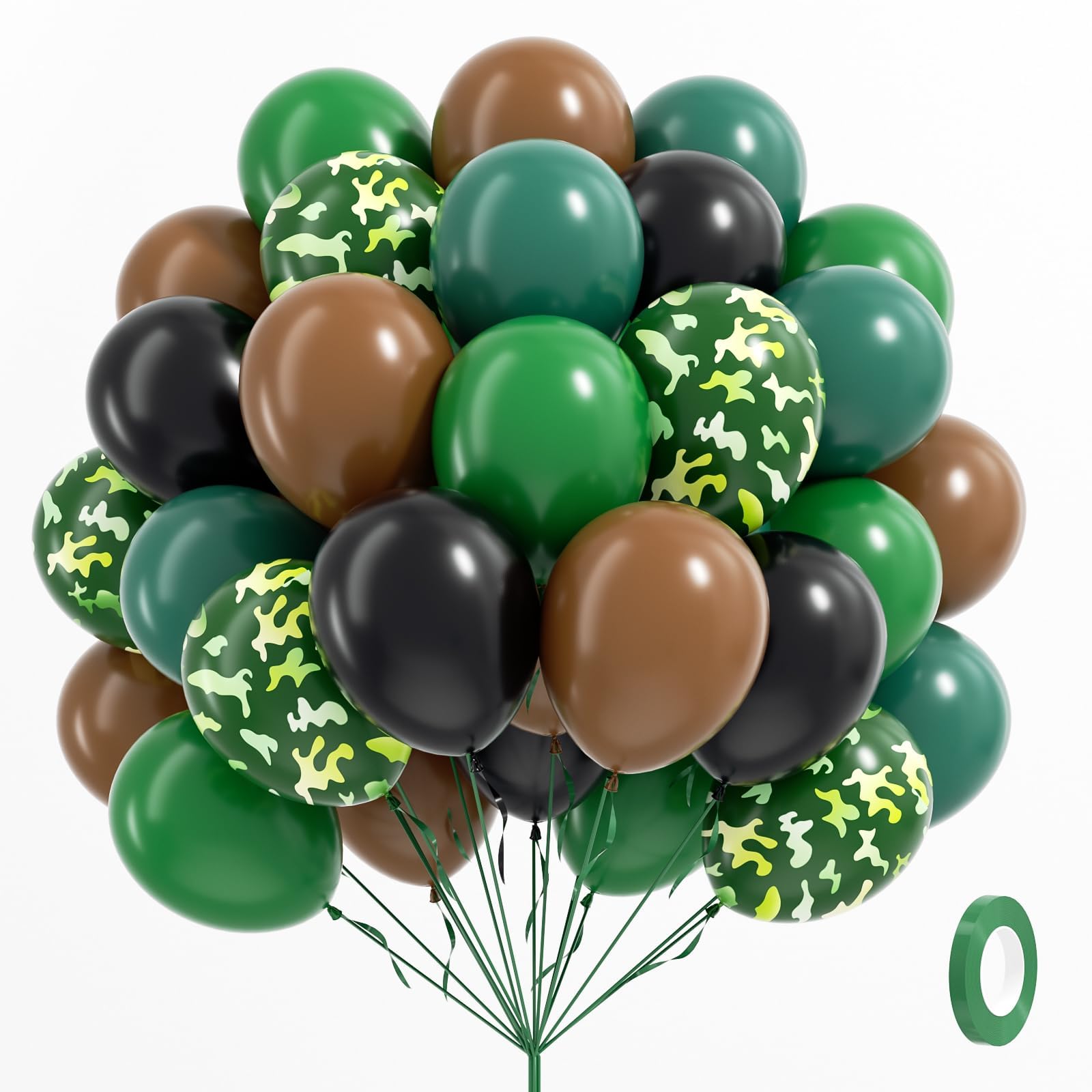 60pcs 12inch Camo Balloons, Green and Brown balloons with Dark Green Black Balloons for Hunting Camping Game Jungle Theme Camo Birthday Party Decorations