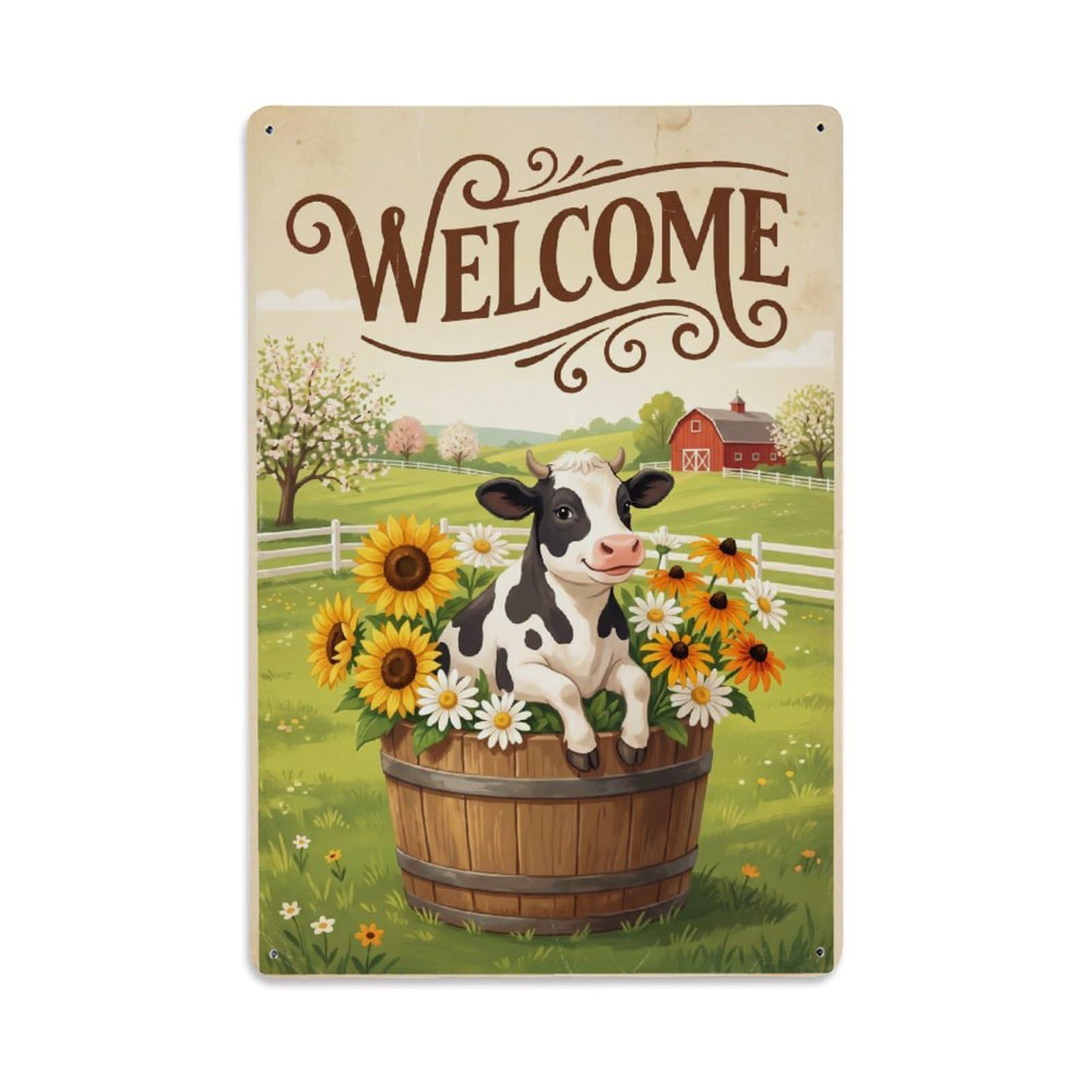 Vintage Welcome Cow Sunny Day Metal Tin Sign