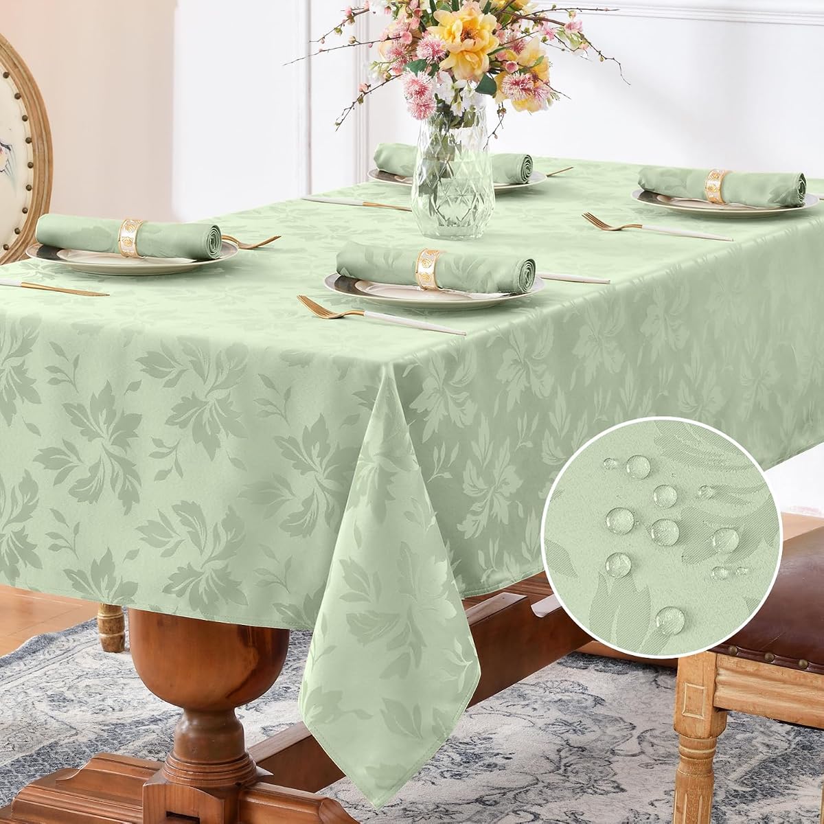 Summer Jacquard Rectangle Tablecloth - Outdoor Waterproof Damask Floral Pattern Decorative Table Cloth Heavy Weight Fabric Table Cover for Dinner/Parties/Outdoor - 60 x 84 Inch, Sage Green