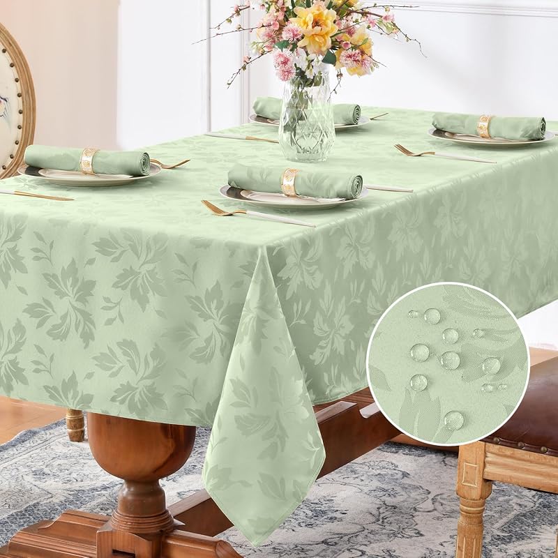 Summer Jacquard Rectangle Tablecloth - Outdoor Waterproof Damask Floral Pattern Decorative Table Cloth Heavy Weight Fabric Table Cover for Dinner/Parties/Outdoor - 60 x 84 Inch, Sage Green
