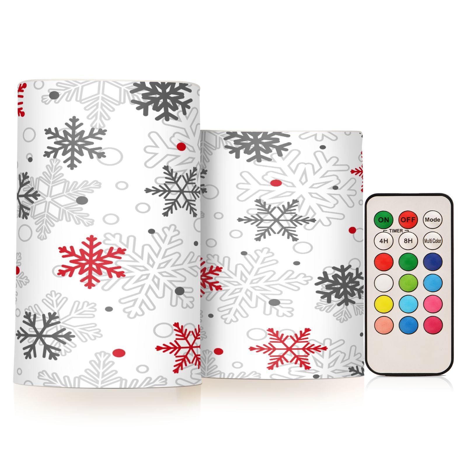Quteprint 2 Pack Flameless Candles with Remote Timer Flickering LED Candles, Christmas Red Grey Snowflakes Battery Operated Candles Tea Lights Fake Candles for Home Bathroom Halloween Christmas Party