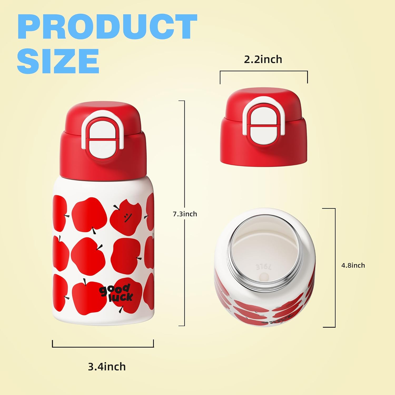 22 oz Kids Water Bottle with Lid and Straw, Insulated Stainless Steel Tumbler Leak Proof, Portable Iced Travel Coffee Mug, Apple - Image 3