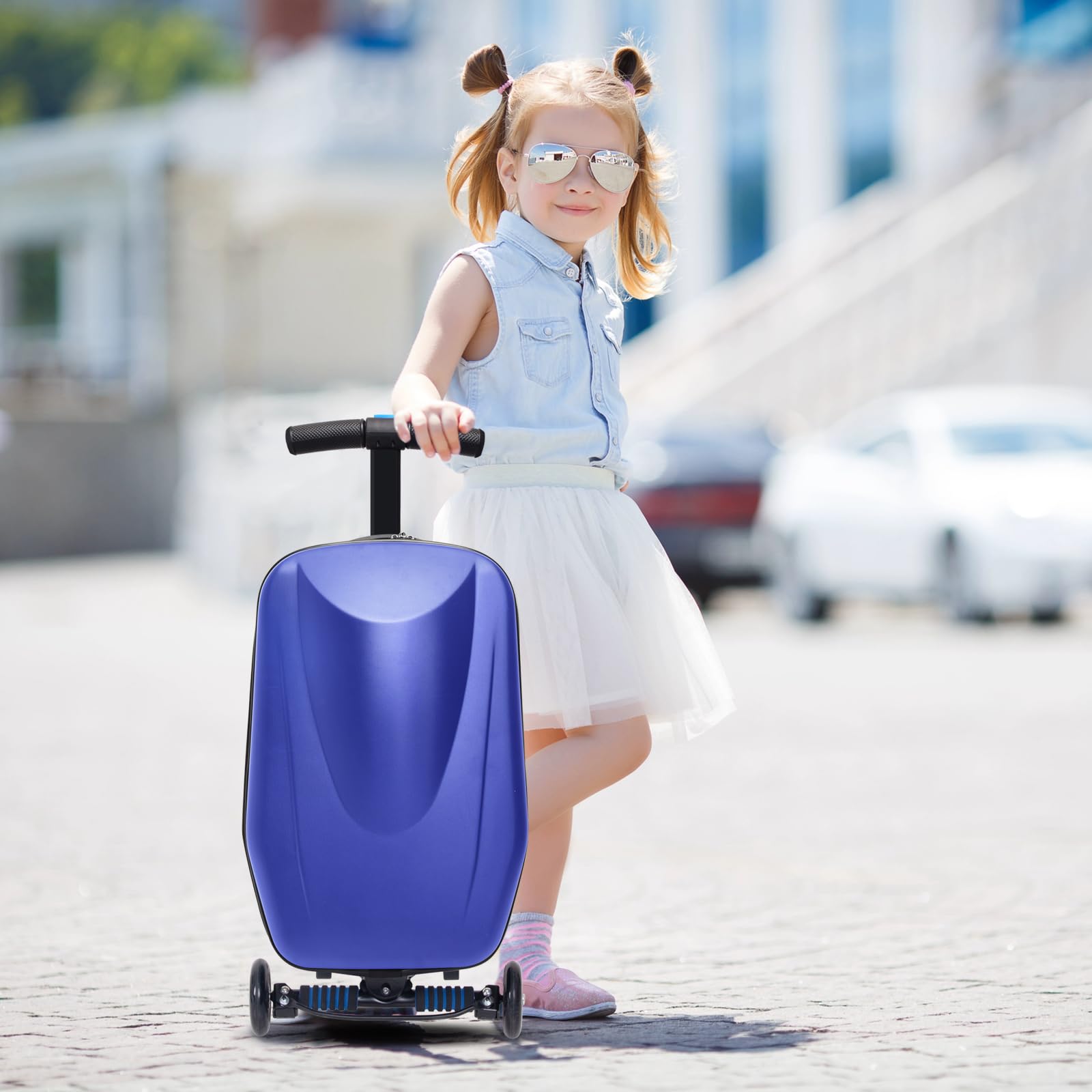 Icoget Maleta para patinete infantil 2 en 1 de viaje, maleta plegable de mano con 3 ruedas, color azul