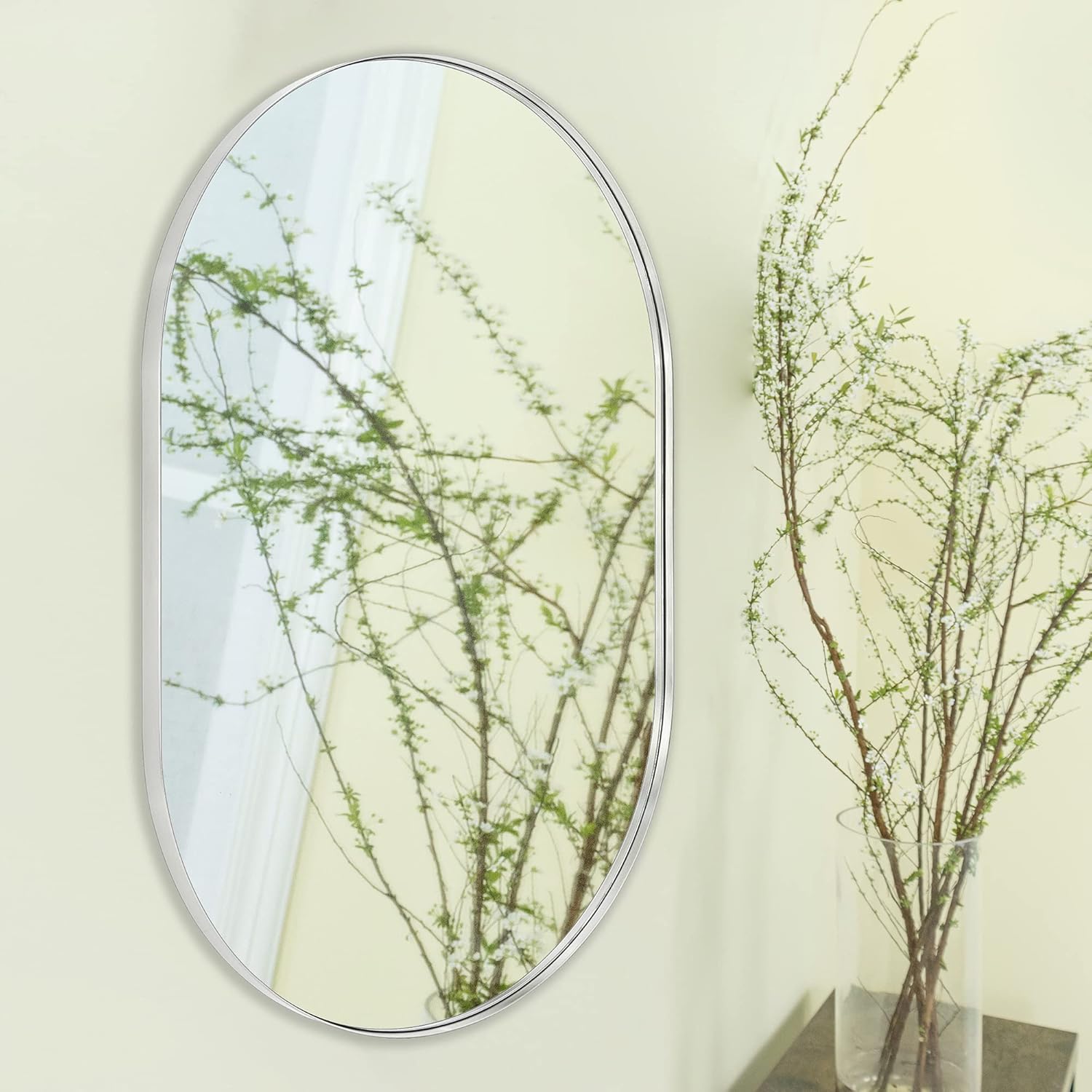 TEEBARN Brushed Nickel Oval Bathroom Vanity Mirror 20x30 Pill Shaped Capsule Wall Mounted Mirror with Metal Frame Hangs Vertical & Horizontal