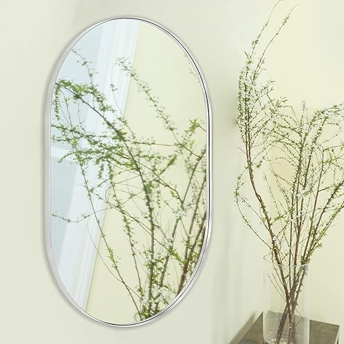 Miniatura 10 de TEEBARN Brushed Nickel Oval Bathroom Vanity Mirror 20x30 Pill Shaped Capsule Wall Mounted Mirror with Metal Frame Hangs Vertical & Horizontal