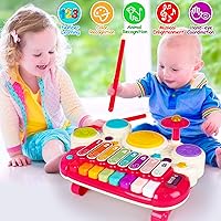 Vista 4 de AugToy 3 en 1 juguetes musicales para niños pequeños de 1 a 3 años, juego de piano, xilófono y tambor, juguetes para niñas de 1, 2 y 3 años de edad