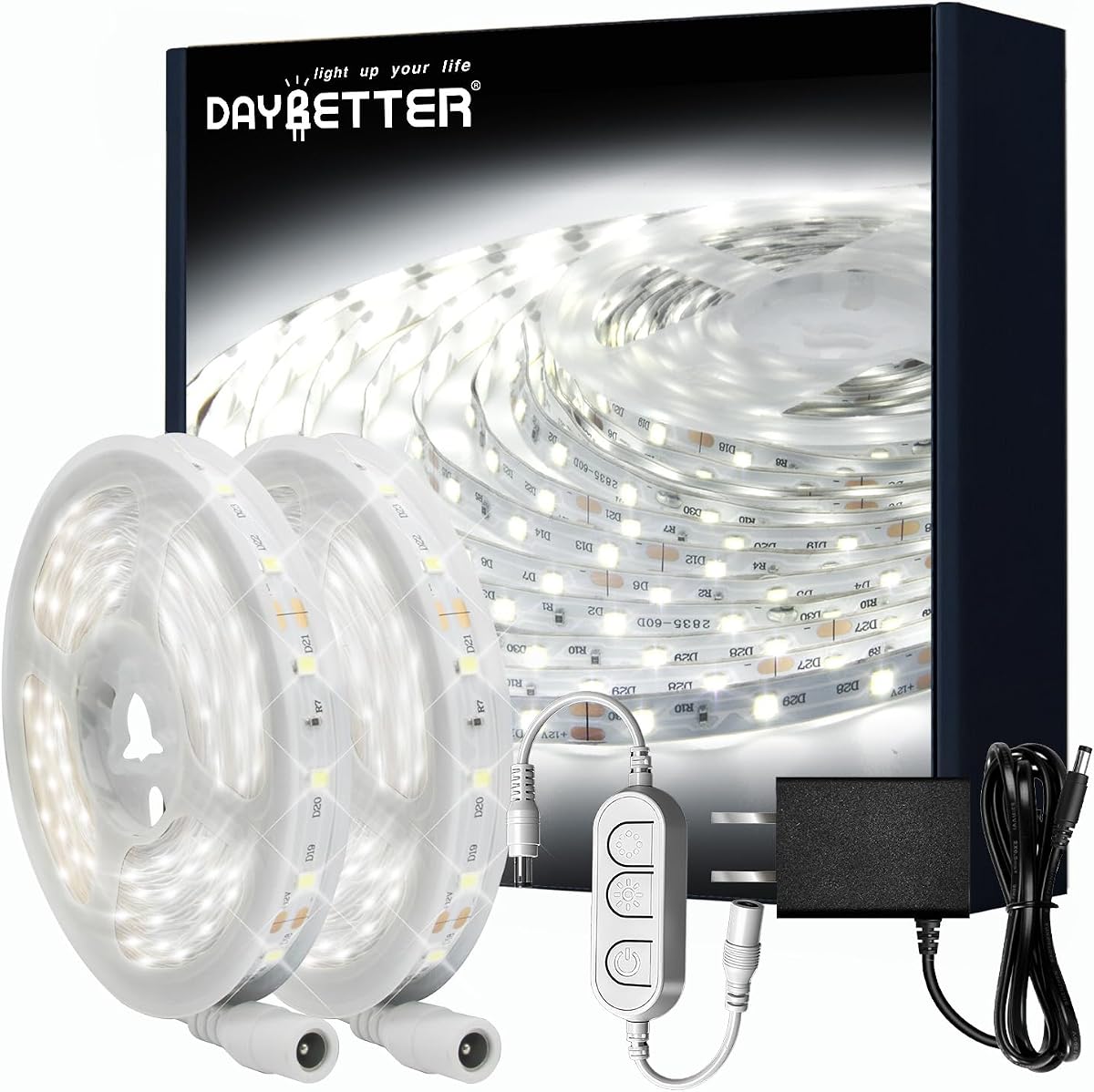 DAYBETTER Tira de luces LED blancas, 50 pies regulable 6500 K, tira de iluminación blanca brillante, 900 luces LED de cinta para dormitorio, espejo, cocina, decoración del hogar (2 rollos de 25 pies)