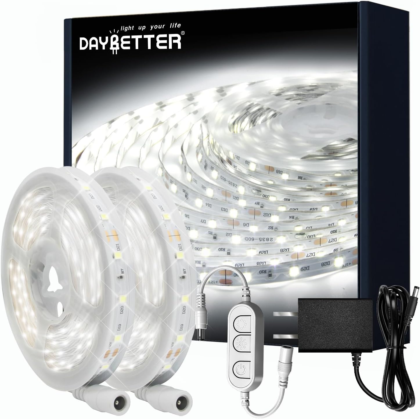 DAYBETTER White LED Strip Lights, 50 ft Dimmable 6500K Bright White Strip Lighting, 900 LEDs Tape LED Lights for Bedroom, Mirror, Kitchen, Home Decoration(2 Rolls of 25 ft)