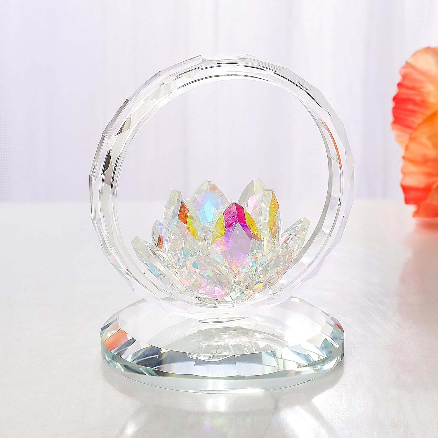 LONGWIN Crystal Lotus Flower Basket Figurine Collectible Glass Flowers Art Decor Reflection Feng Shui Decorative Ornaments for Living Room Bedroom Office AB - Coated - Image 7