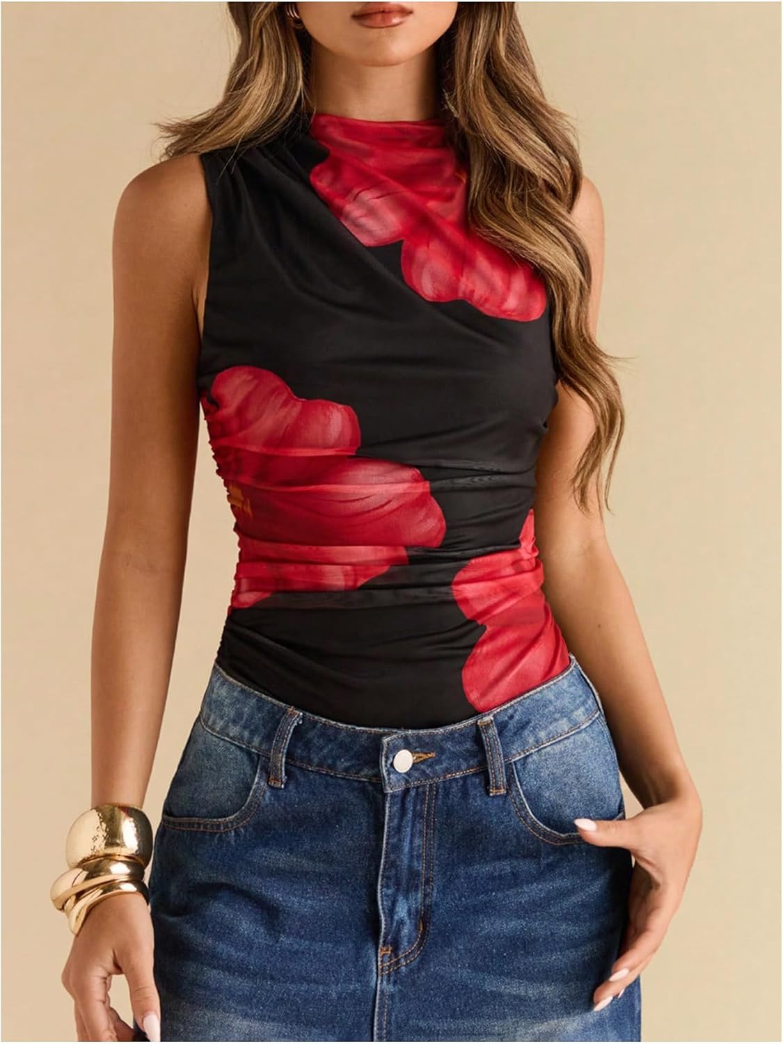 Milumia Women's Tie Dye Mesh Bodysuits Sleeveless Mock Neck Ruched Body Suit - Image 5