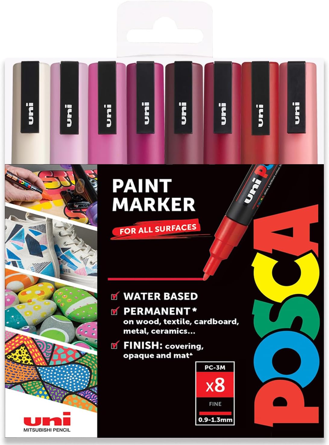 Posca - PC-3M - Paint Marker Art Pens - 0.9-1.3mm - Set of 8 in Gift Box (Red Tones)
