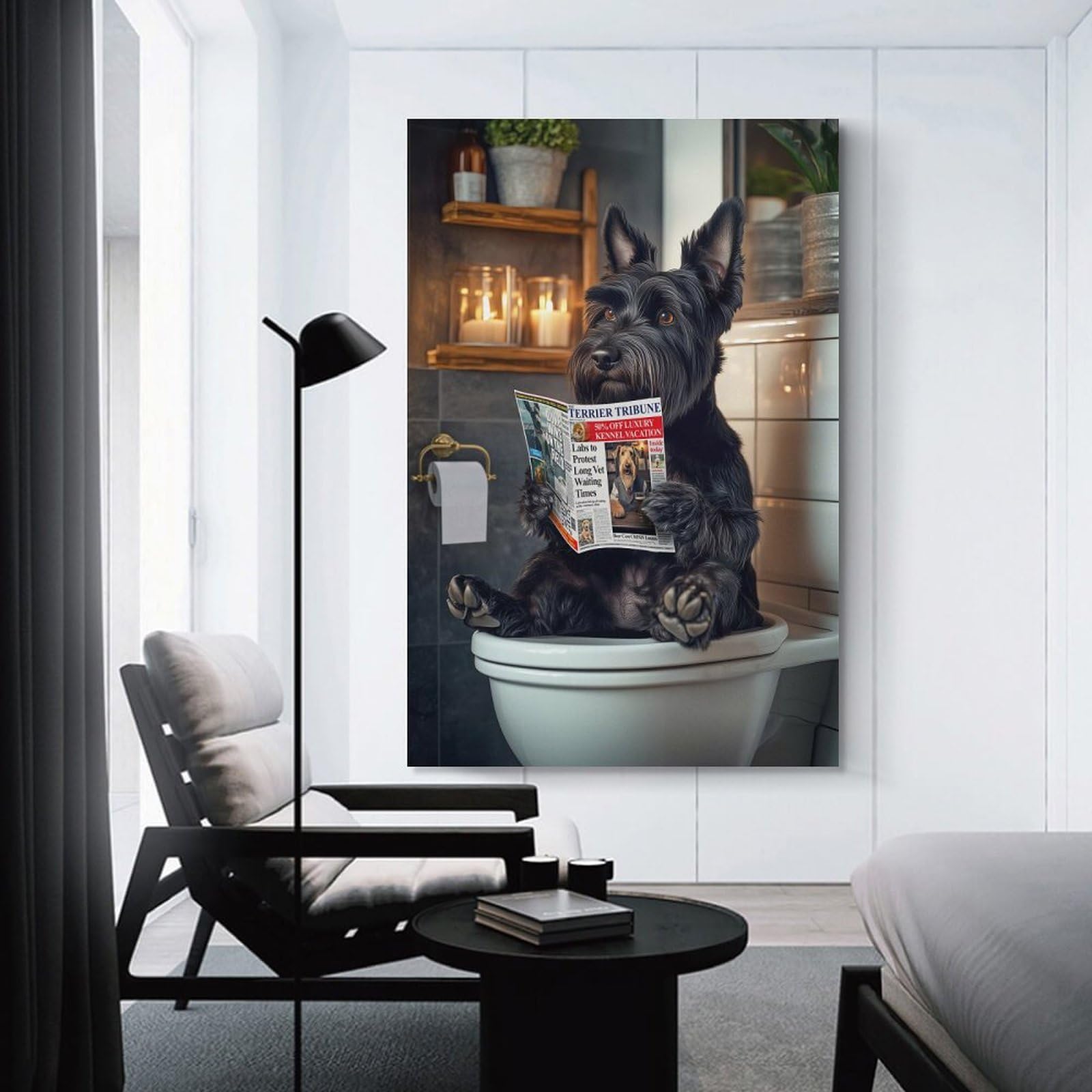 Junmoney Unframe-Style-23 Scottish Terrier On The Toilet Canvas Wall Picture, 24X36inch(60X90cm), For Living Room, Bedroom Or Apartment Walls, Decorative Artwork For Empty Walls