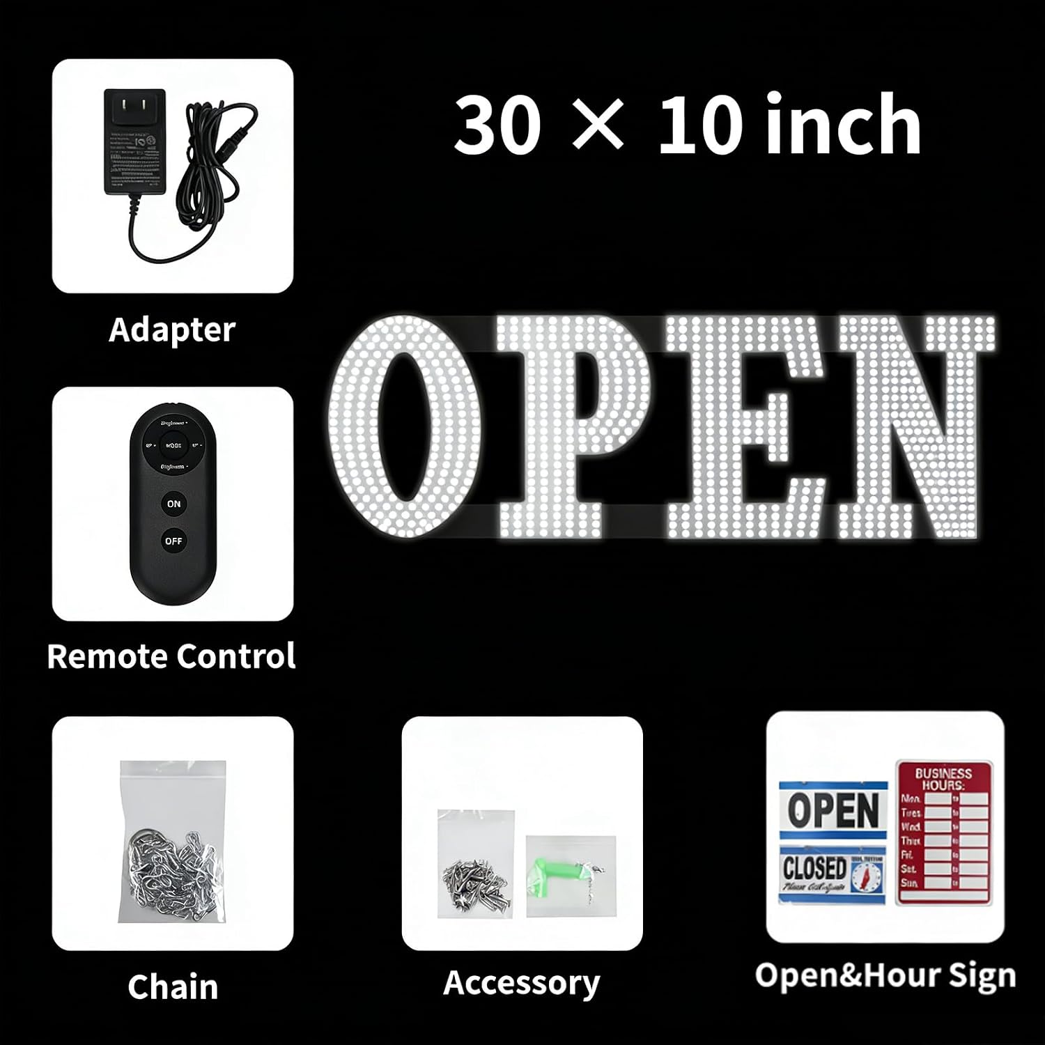 30"x10" Large LED Open Sign for Business - Unique Design super Bright Open Signs With chain - High Visibility for Stores, Bar, Hotel, Retail Shops,Window, Salon, Restaurant, Office (White, 30x10)
