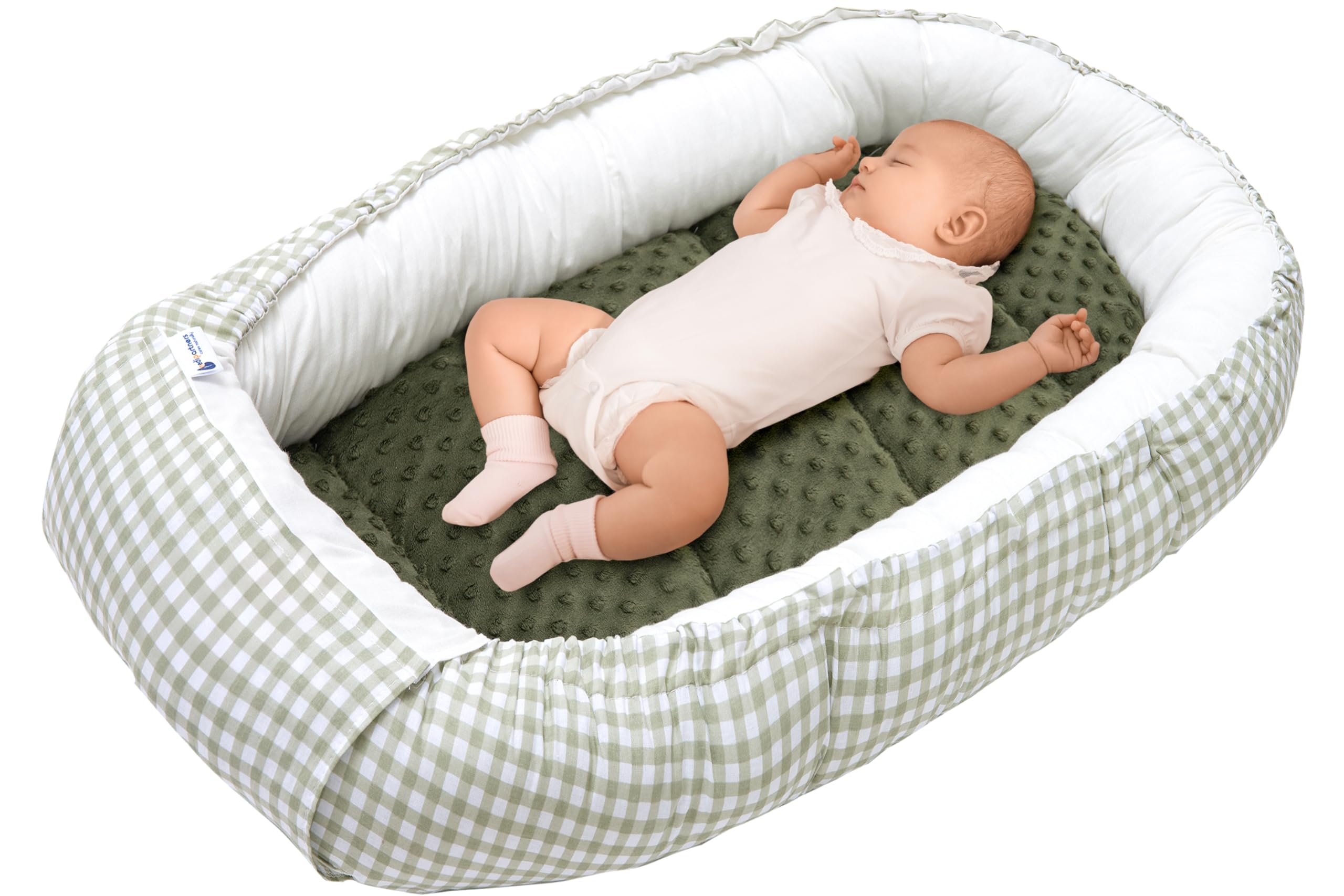 Medi Partners Baby Nest Pod for Newborn Babynest Sleep Bed - 100x60x15 Lounger Essentials 0-12 Months sleeping bilateral Cocoon 100% Cotton (Grid with olive Plush)