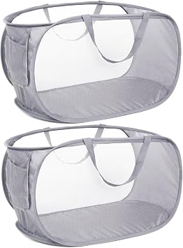 Durable Collapsible Laundry Baskets, Mesh Pop Up Laundry Hamper with Side Pocket, Foldable Clothes Hamper with Reinforced Carry Handles for Laundry, Bathroom, Kids Room, Dorm or Travel 2 Pack Grey