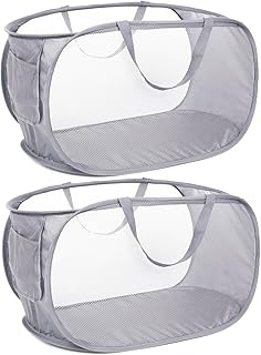 2 Pack Durable Collapsible Laundry Baskets - Reinforced Mesh Pop Up Laundry Hamper with Pocket, Foldable Dirty Clothes Hamper with Carry Handles for Laundry, Bathroom, Kids Room, Dorm or Travel Grey
