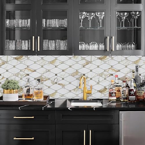 Miniatura 9 de STICKGOO Calacatta Golden Stick - 10 hojas para despegar y pegar, azulejos compuestos de aluminio, autoadhesivos de metal mixto para cocina, baño,