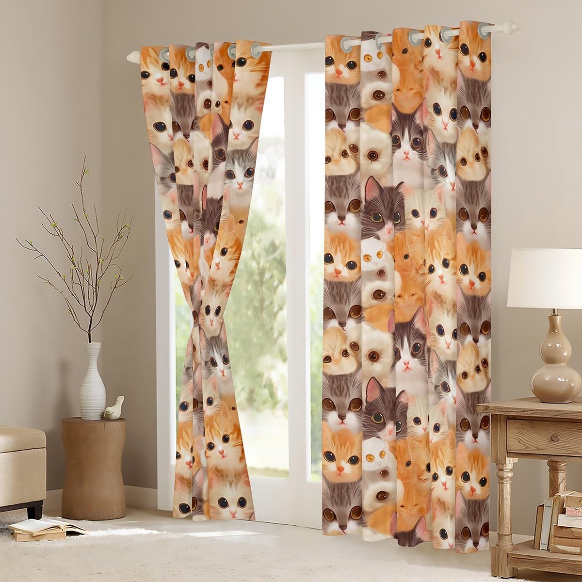 Feelyou Cat Curtains for Bedroom Kids Cute Kitten Cats Print Window Drapes Women Kawaii Lovely 3D Animal Window Curtains Animal Cat Collection 30%-50% Blackout Curtains Decor (2 Panels， 52 x 63 Inch)